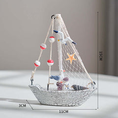 Mediterranean Style Shell Crack Boat Decoration Wooden Sailboat Model Small Ornaments Craft Boat