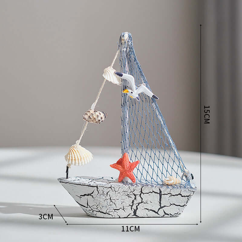 Mediterranean Style Shell Crack Boat Decoration Wooden Sailboat Model Small Ornaments Craft Boat