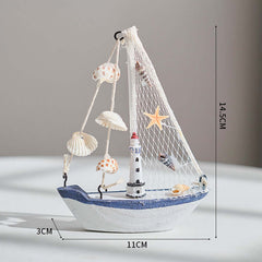 Mediterranean Style Shell Crack Boat Decoration Wooden Sailboat Model Small Ornaments Craft Boat