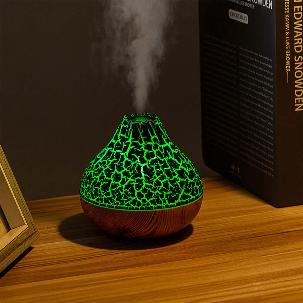 Humidificateur volcanique, brouillard de Grain de bois, lumière d'ambiance silencieuse à sept couleurs