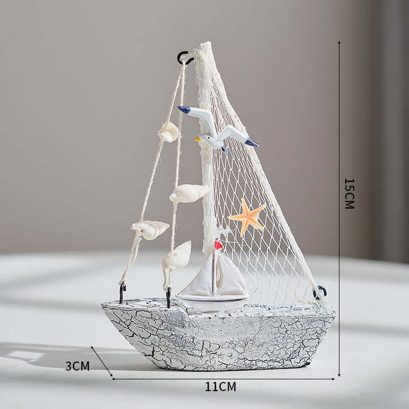 Mediterranean Style Shell Crack Boat Decoration Wooden Sailboat Model Small Ornaments Craft Boat