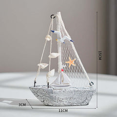 Mediterranean Style Shell Crack Boat Decoration Wooden Sailboat Model Small Ornaments Craft Boat