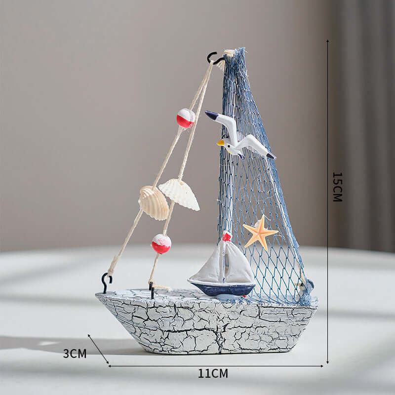 Mediterranean Style Shell Crack Boat Decoration Wooden Sailboat Model Small Ornaments Craft Boat