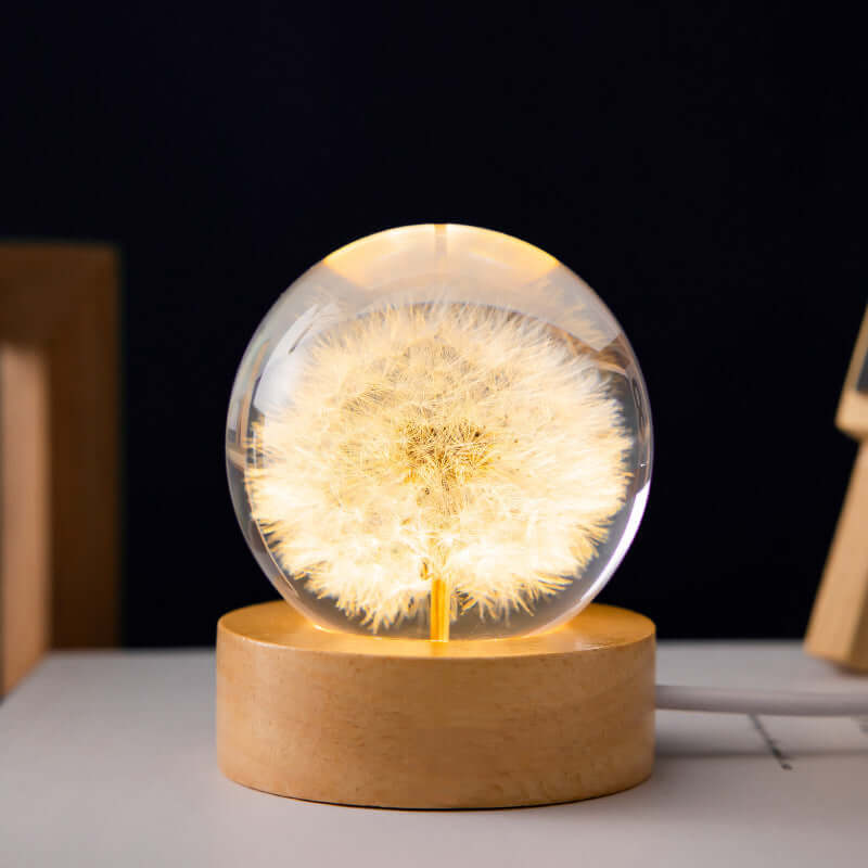 LED veilleuse fleur boule de cristal enfants lampe de nuit avec Base en bois chambre lumière ambiante cadeau créatif veilleuse