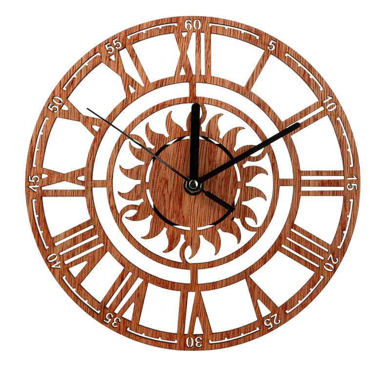 Horloge murale d'arbre en bois créative numérique romaine ronde soleil