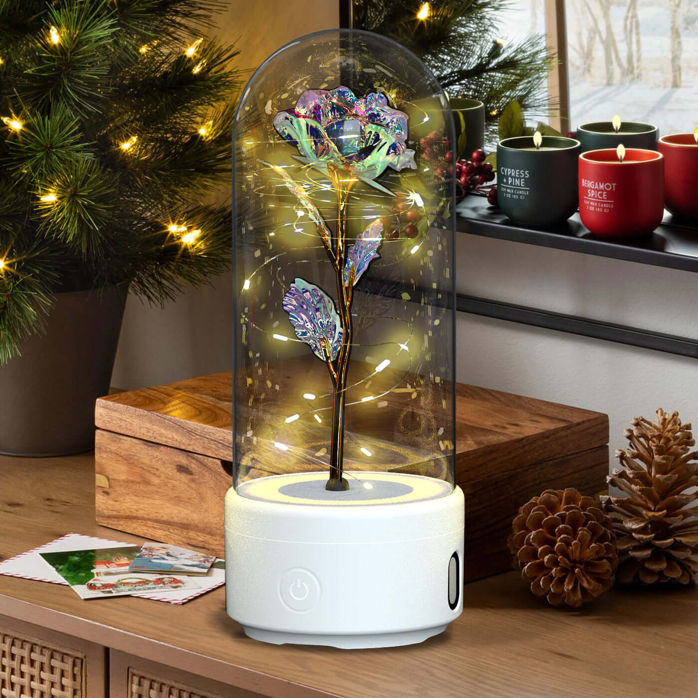 Kreative 2-in-1-Rosenblüten, LED-Licht und Bluetooth-Lautsprecher, Valentinstagsgeschenk, leuchtende Rose, Nachtlicht-Ornament in Glasabdeckung