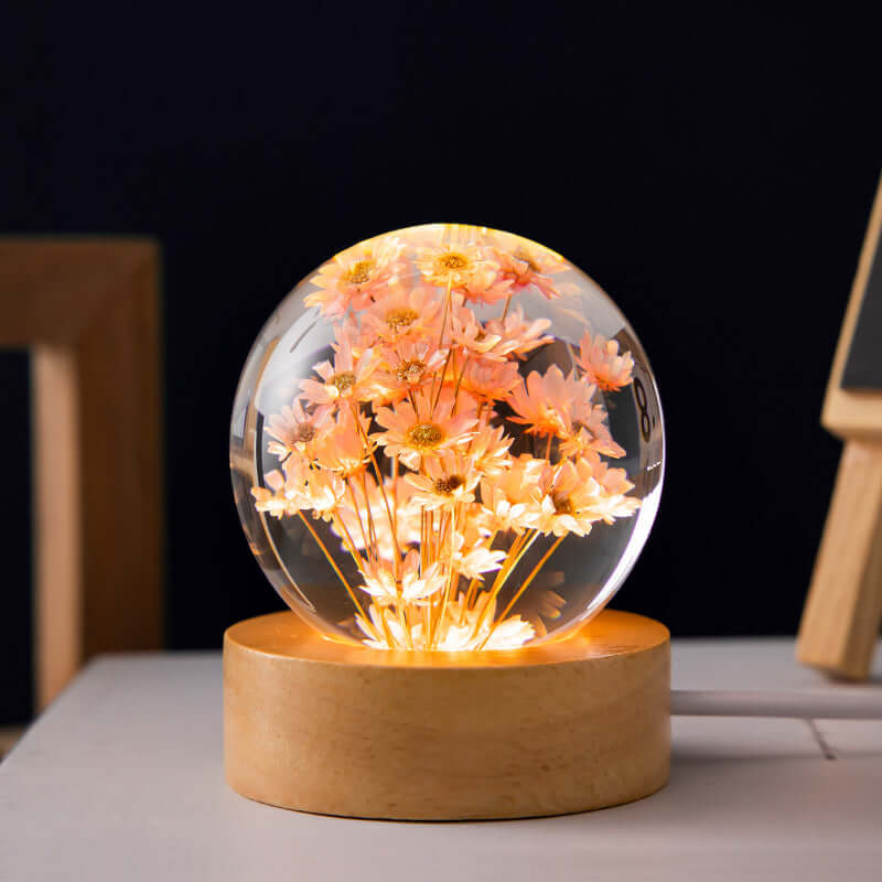 LED veilleuse fleur boule de cristal enfants lampe de nuit avec Base en bois chambre lumière ambiante cadeau créatif veilleuse