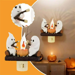 Ghost Campfire Flickering Nightlight 2 Ghosts Roasting Plug Wall Spooky Fire Marshmallow Night Light For Halloween Decor