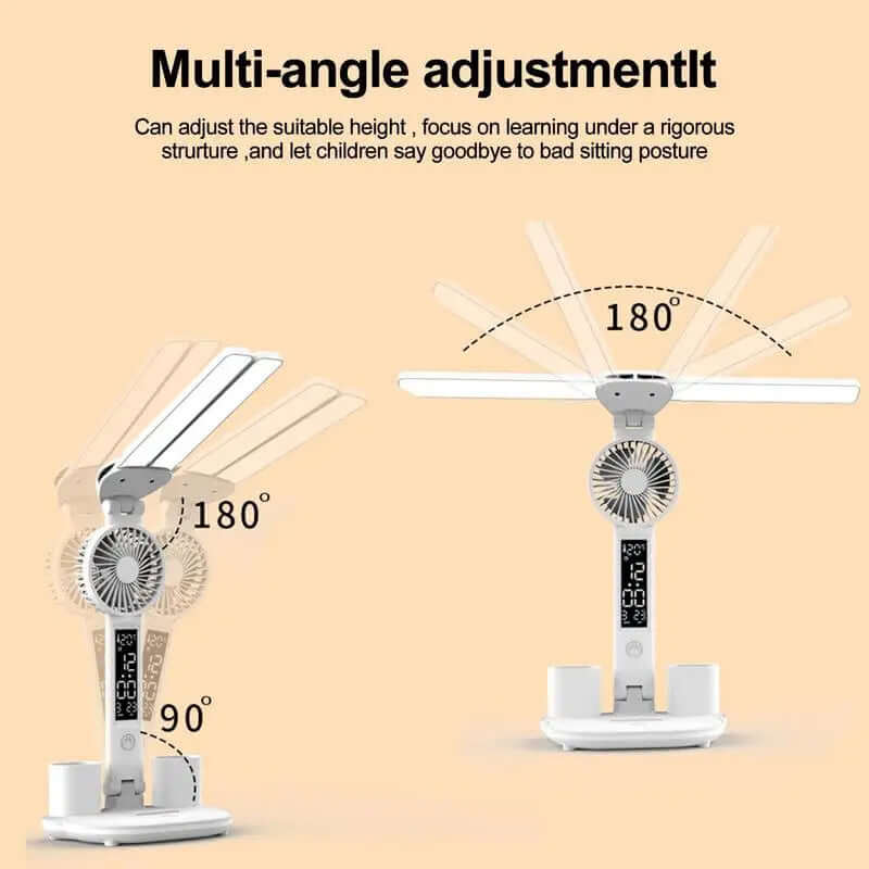 Faltbare LED-Tischleuchte Augenschutz Multifunktions-Schreibtischlampe mit Thermometer Kalenderventilator Stifthalter Studie Leseventilatorlicht