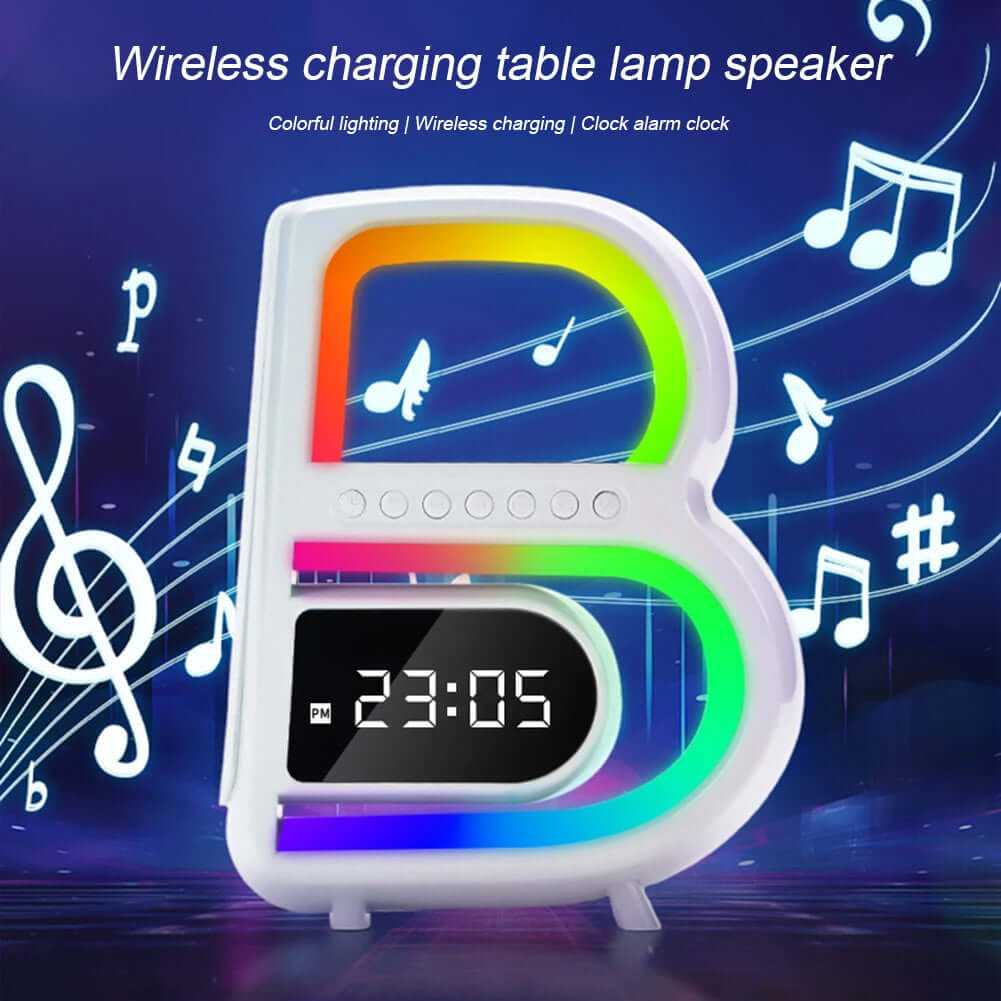 2024 Nouveau haut-parleur Bluetooth en forme de B Multifonctionnel Smart Music Rhythm Lighting Téléphone Chargeur sans fil Carte TF Entrée AUX Mode standard