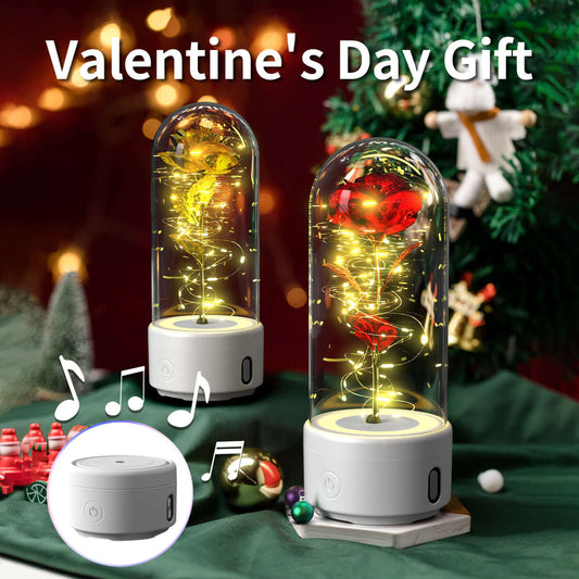 Kreative 2-in-1-Rosenblüten, LED-Licht und Bluetooth-Lautsprecher, Valentinstagsgeschenk, leuchtende Rose, Nachtlicht-Ornament in Glasabdeckung