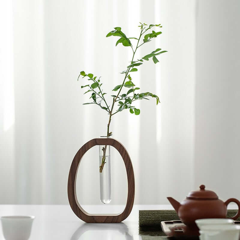 Elegant Walnut Solid Wood Flower Vase in Traditional New Chinese Style