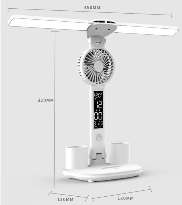 Faltbare LED-Tischleuchte Augenschutz Multifunktions-Schreibtischlampe mit Thermometer Kalenderventilator Stifthalter Studie Leseventilatorlicht