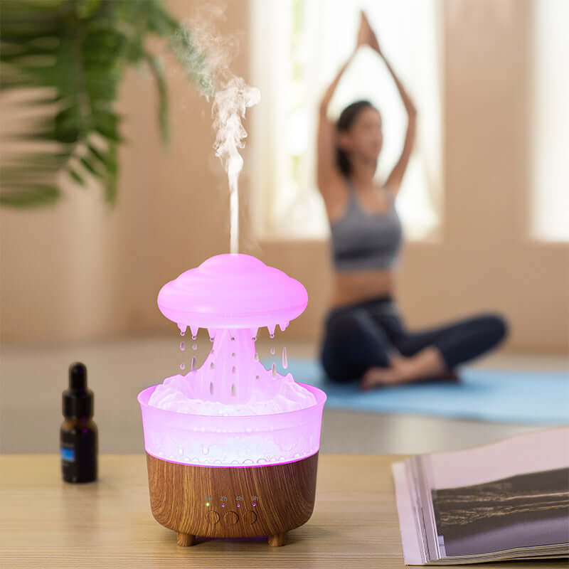 Humidificateur veilleuse nuage de pluie 2023, avec son de goutte d'eau de pluie et lumière LED 7 couleurs, diffuseur d'huile essentielle, aromathérapie