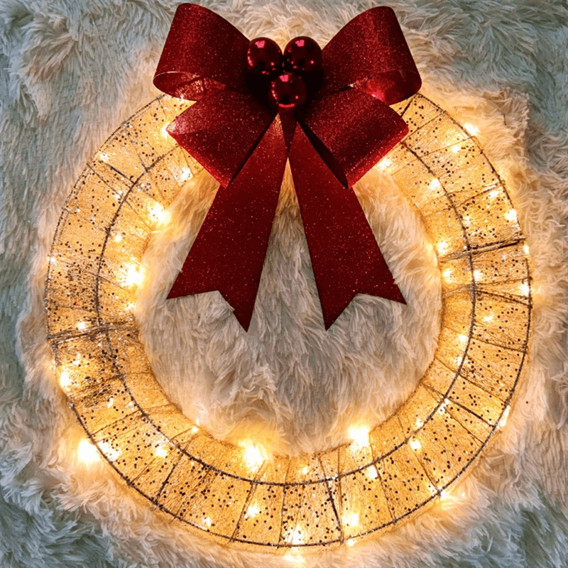 Guirlande De Noël 50CM Lumineux LED Lumière Chaude Couronne Lumineuse En Métal Avec Grand Bowknot Porte D'entrée De Noël Maison Fête De Vacances Porte Suspendue Décor