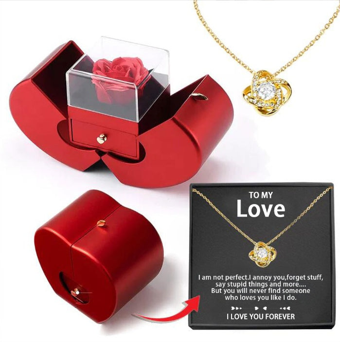 Coffret à bijoux tendance Pomme rouge Cadeau de Noël Collier Rose éternelle pour fille Fête des mères Cadeaux de Saint Valentin avec fleur artificielle Rose Boîte à bijoux