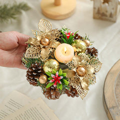 Christmas Candle Metals Candlestick Wreath Artificial Pinball Pinecone Candle Holder Fake Leaves Xmas New Year Home Table Decor