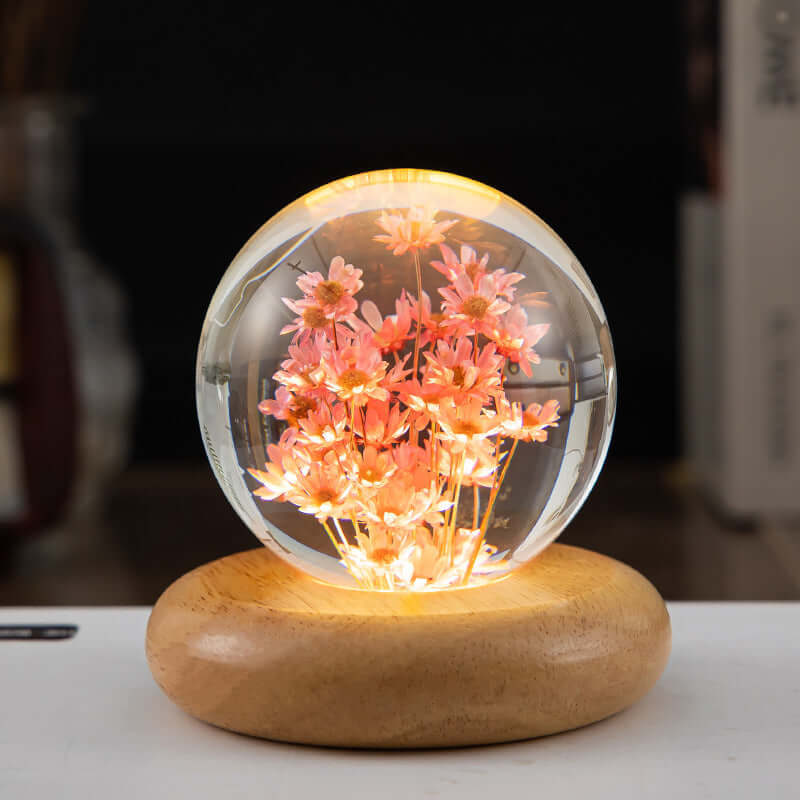 LED veilleuse fleur boule de cristal enfants lampe de nuit avec Base en bois chambre lumière ambiante cadeau créatif veilleuse