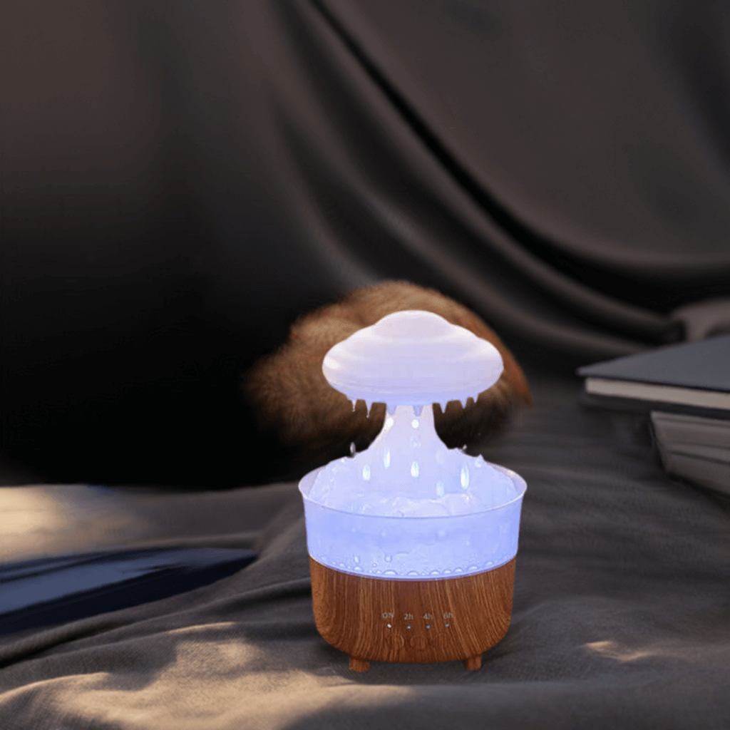 Humidificateur veilleuse nuage de pluie 2023, avec son de goutte d'eau de pluie et lumière LED 7 couleurs, diffuseur d'huile essentielle, aromathérapie